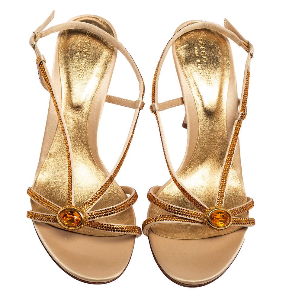 Women's Sergio Rossi Gold Crystals Embellished Satin Slingback Sandals Size 41 For Sale