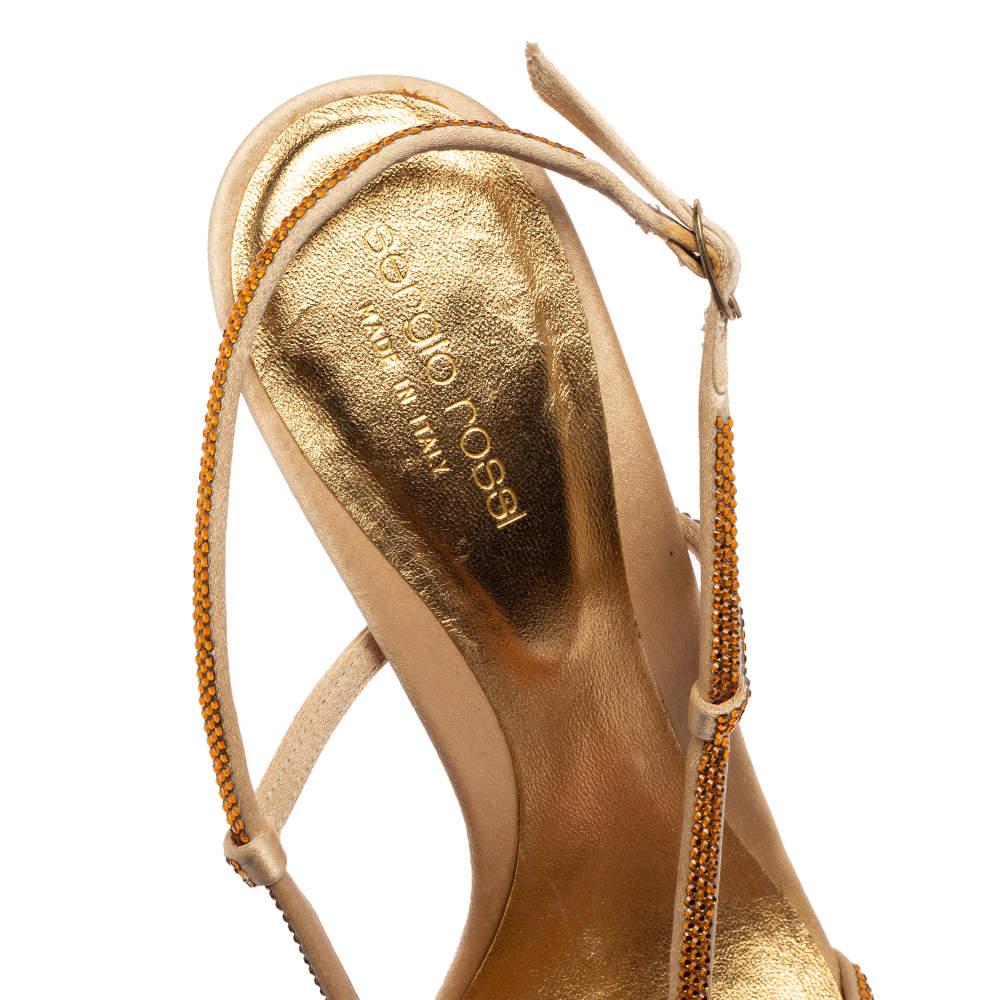Sergio Rossi Gold Crystals Embellished Satin Slingback Sandals Size 41 For Sale 2