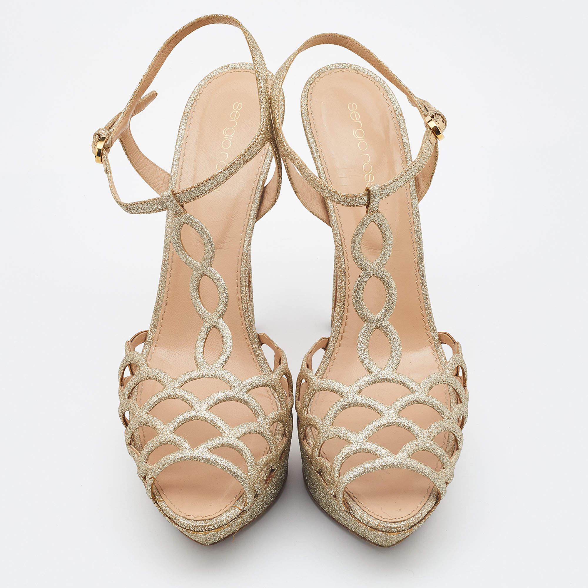 Sergio Rossi Gold Glitter Leather Laser Cut Out Platform Sandals Size 40 In Good Condition For Sale In Dubai, Al Qouz 2