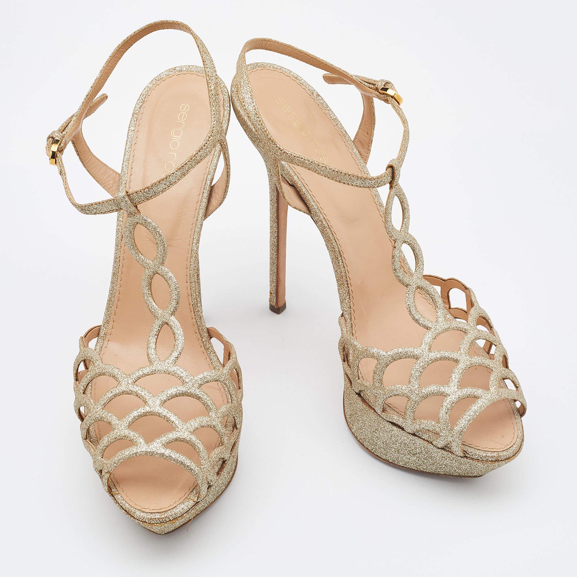 Women's Sergio Rossi Gold Glitter Leather Laser Cut Out Platform Sandals Size 40 For Sale