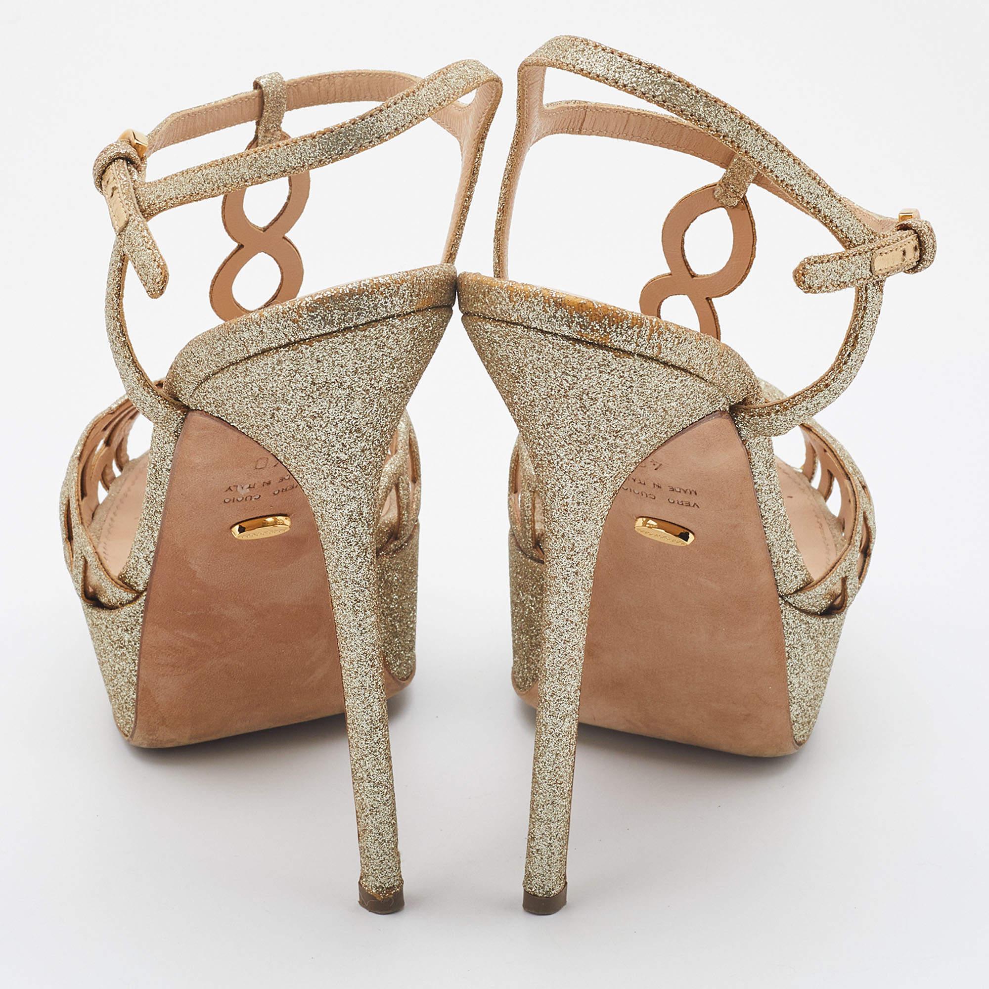 Sergio Rossi Gold Glitter Leather Laser Cut Out Platform Sandals Size 40 For Sale 1