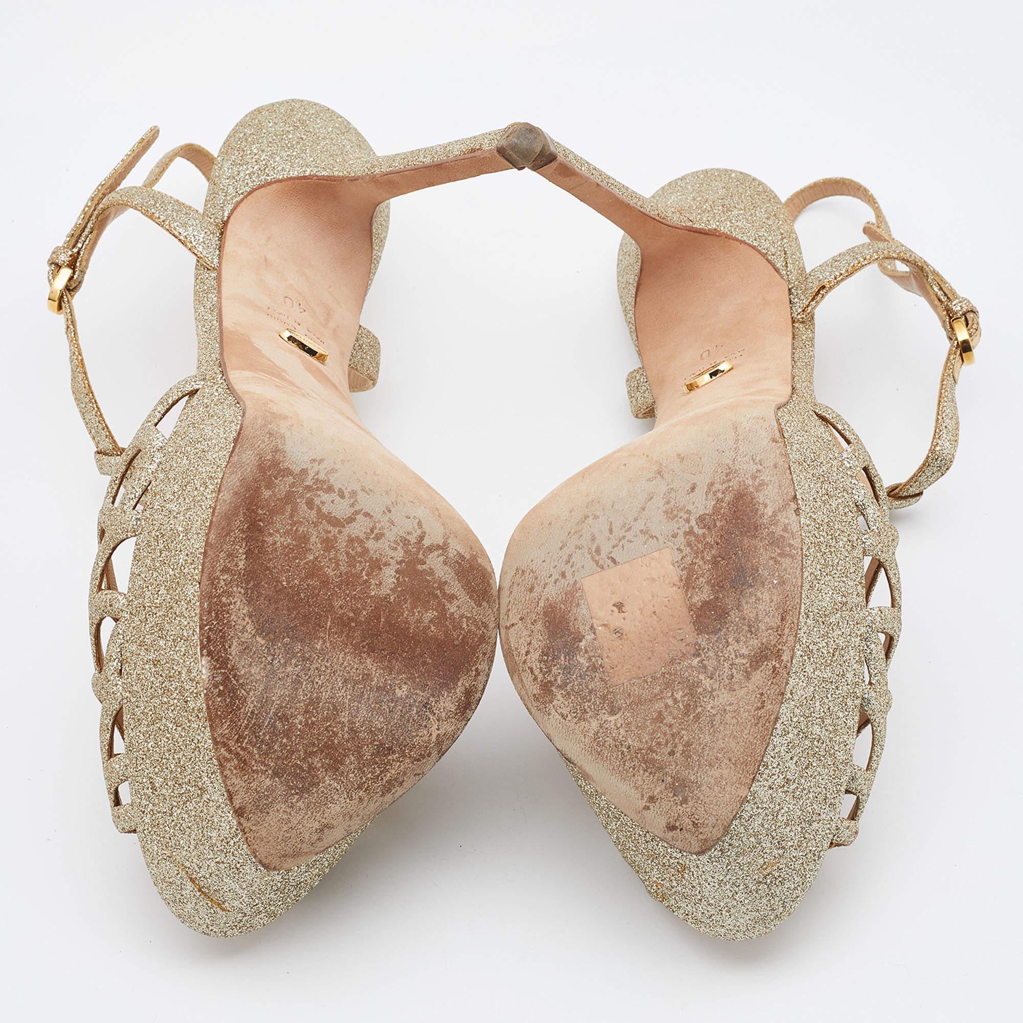 Sergio Rossi Gold Glitter Leather Laser Cut Out Platform Sandals Size 40 For Sale 2