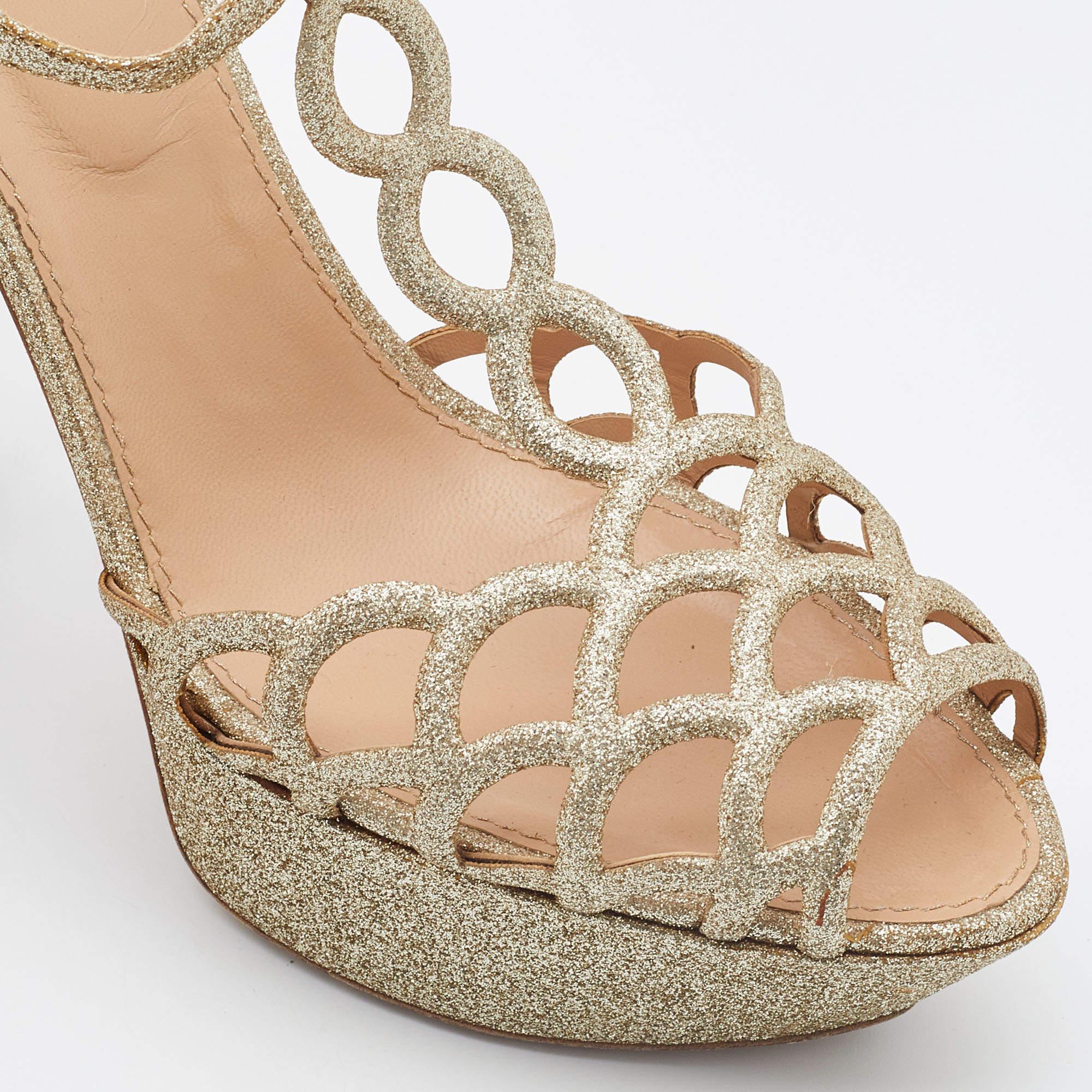 Sergio Rossi Gold Glitter Leather Laser Cut Out Platform Sandals Size 40 For Sale 3