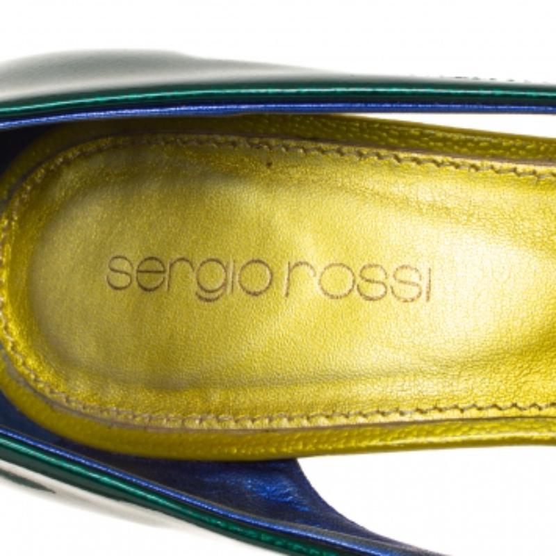 Sergio Rossi Green/Blue Patent Leather Peep Toe Pump Size 37 For Sale 1