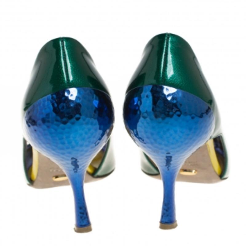 Sergio Rossi Green/Blue Patent Leather Peep Toe Pump Size 37 For Sale 2