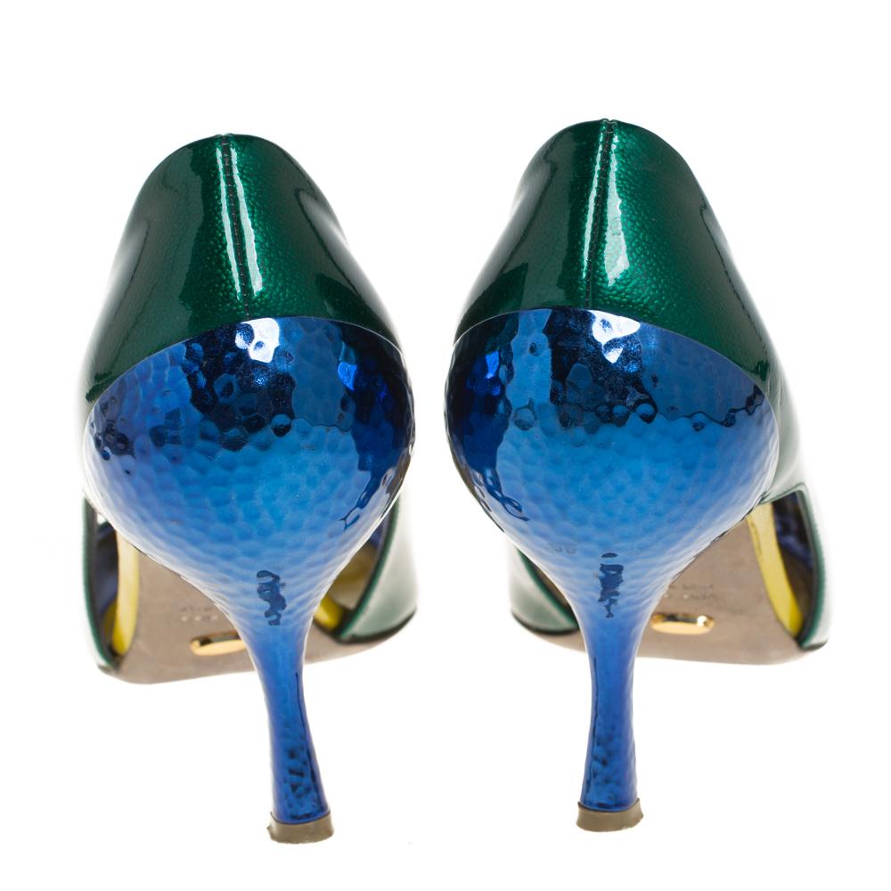 Sergio Rossi Green/Blue Patent Leather Peep Toe Pump Size 37 In Good Condition In Dubai, Al Qouz 2