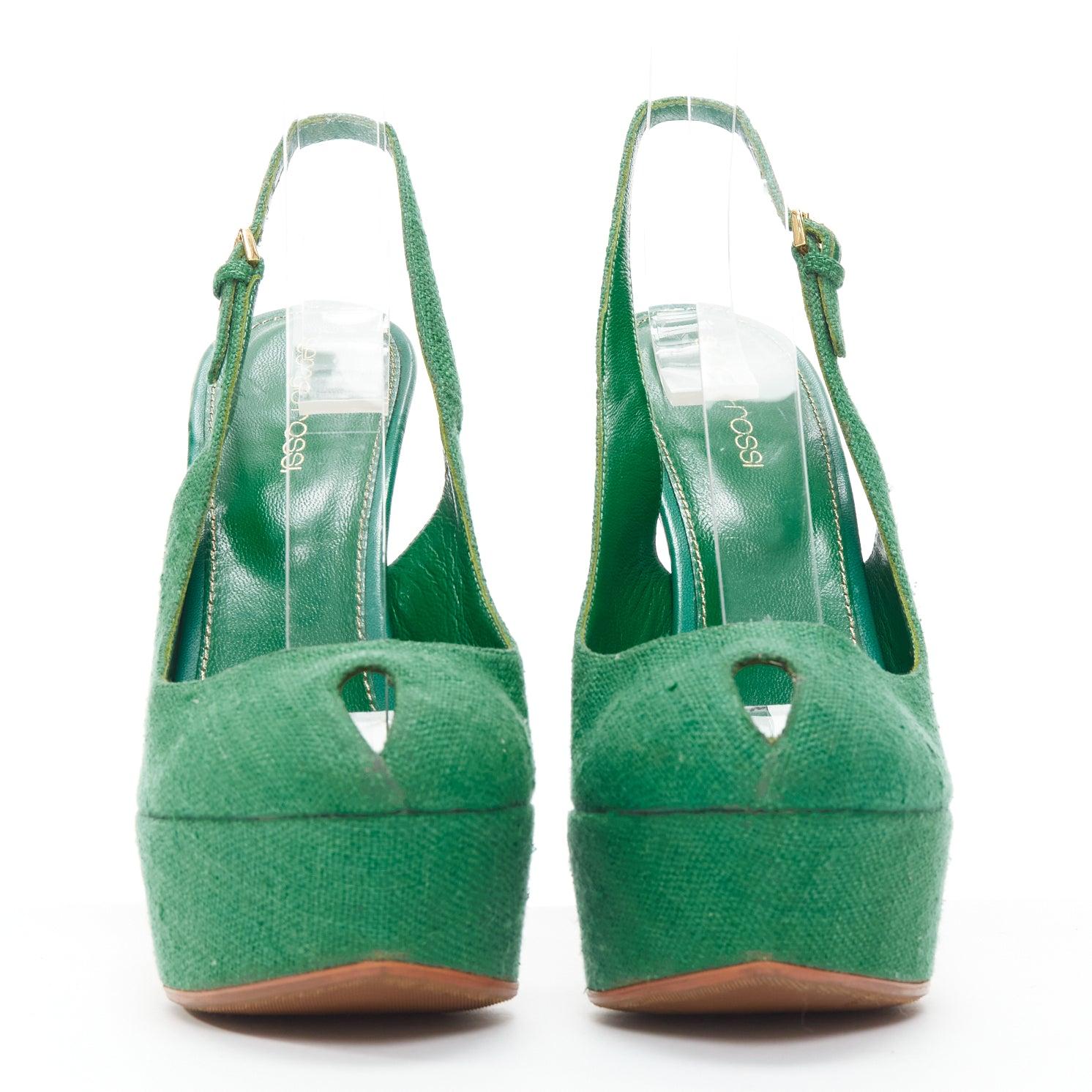 SERGIO ROSSI green canvas cachet peep toe platform slingback heel EU37 In Good Condition In Hong Kong, NT