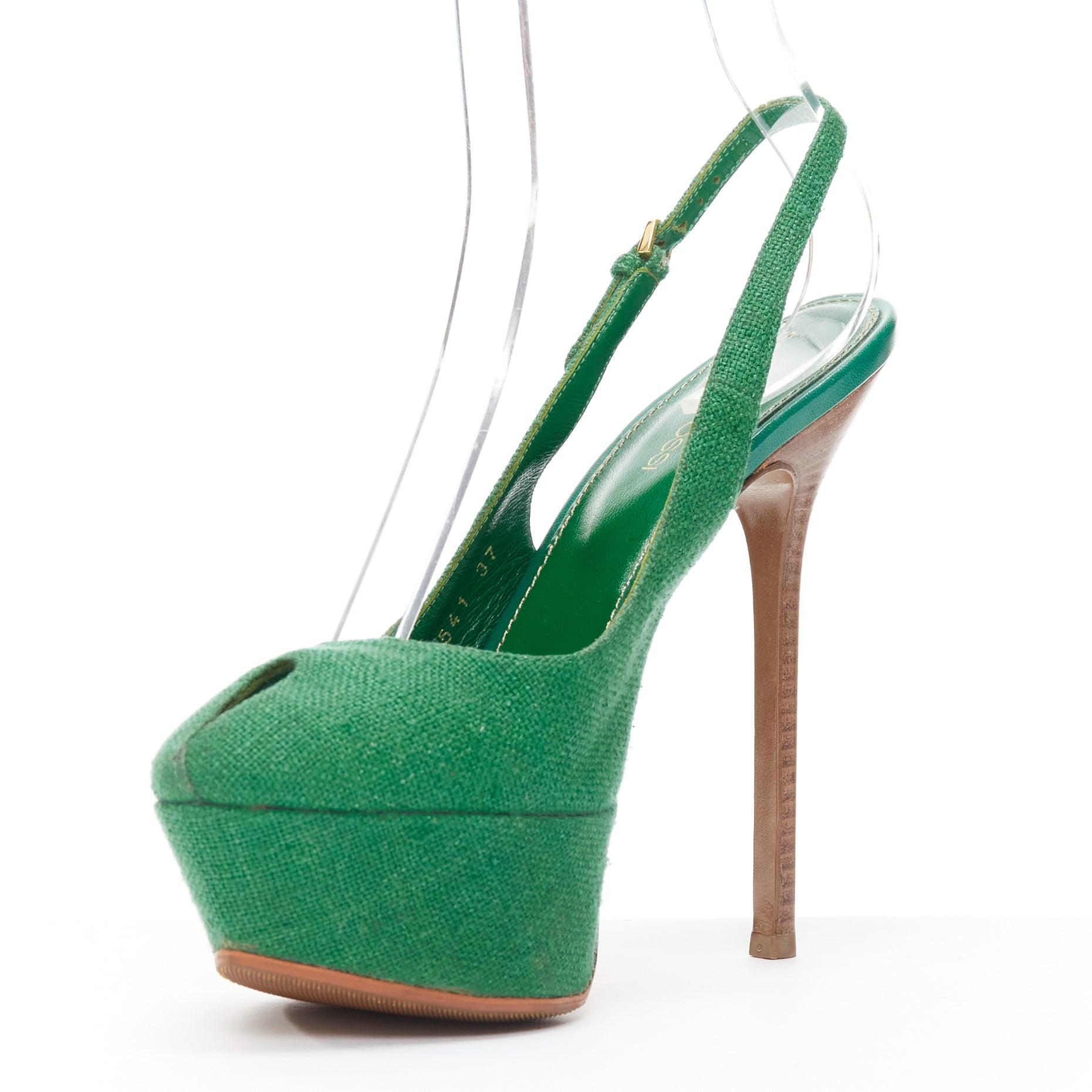 Women's SERGIO ROSSI green canvas cachet peep toe platform slingback heel EU37
