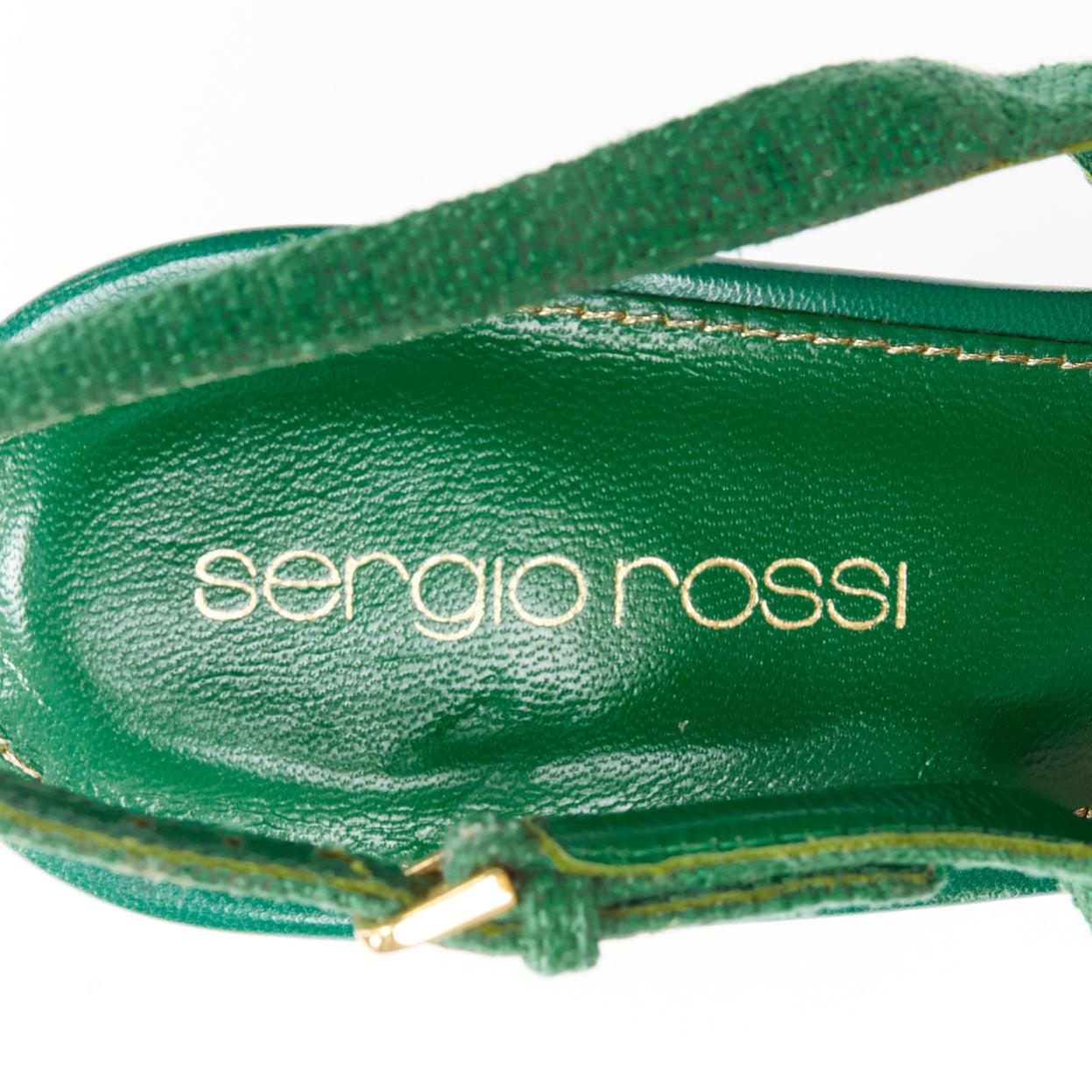 SERGIO ROSSI green canvas cachet peep toe platform slingback heel EU37 5