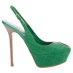 SERGIO ROSSI green canvas cachet peep toe platform slingback heel EU37
