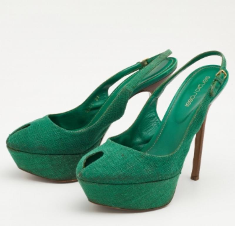 Sergio Rossi Green Canvas Cachet Peep Toe Platform Slingback Sandals Size 37 In Good Condition For Sale In Dubai, Al Qouz 2