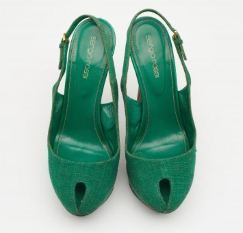 Women's Sergio Rossi Green Canvas Cachet Peep Toe Platform Slingback Sandals Size 37 For Sale