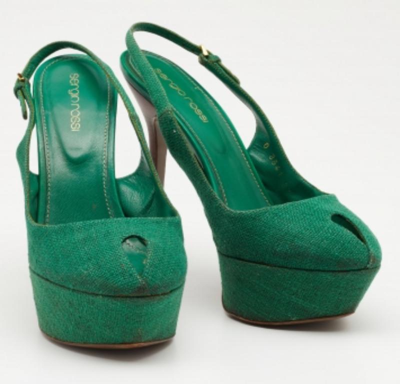 Sergio Rossi Green Canvas Cachet Peep Toe Platform Slingback Sandals Size 37 For Sale 1