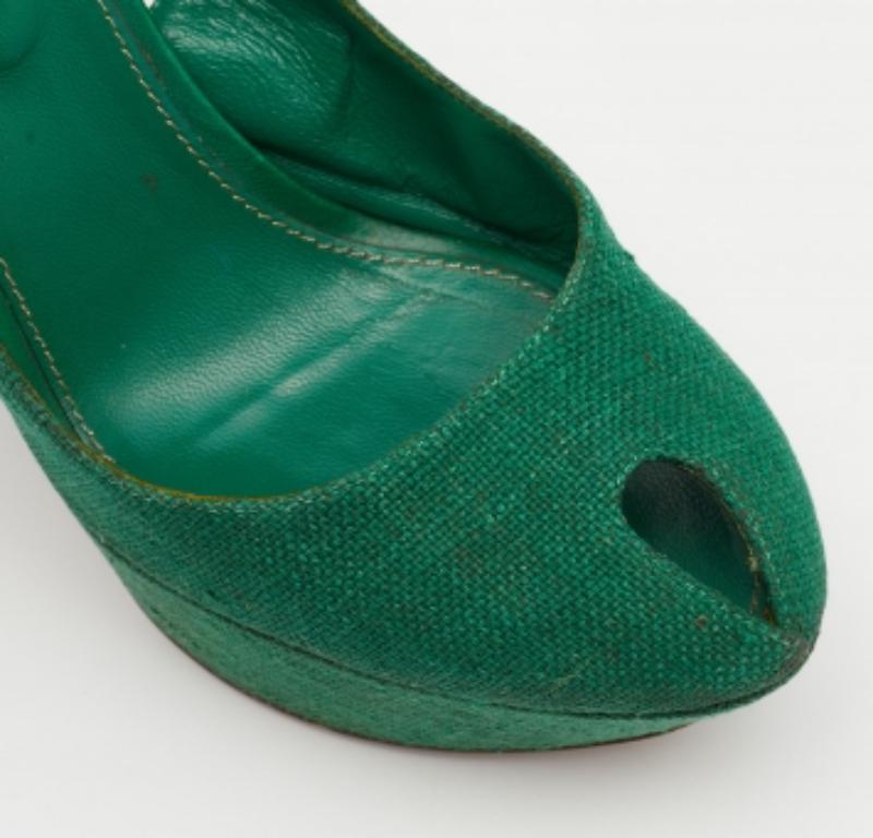 Sergio Rossi Green Canvas Cachet Peep Toe Platform Slingback Sandals Size 37 For Sale 2
