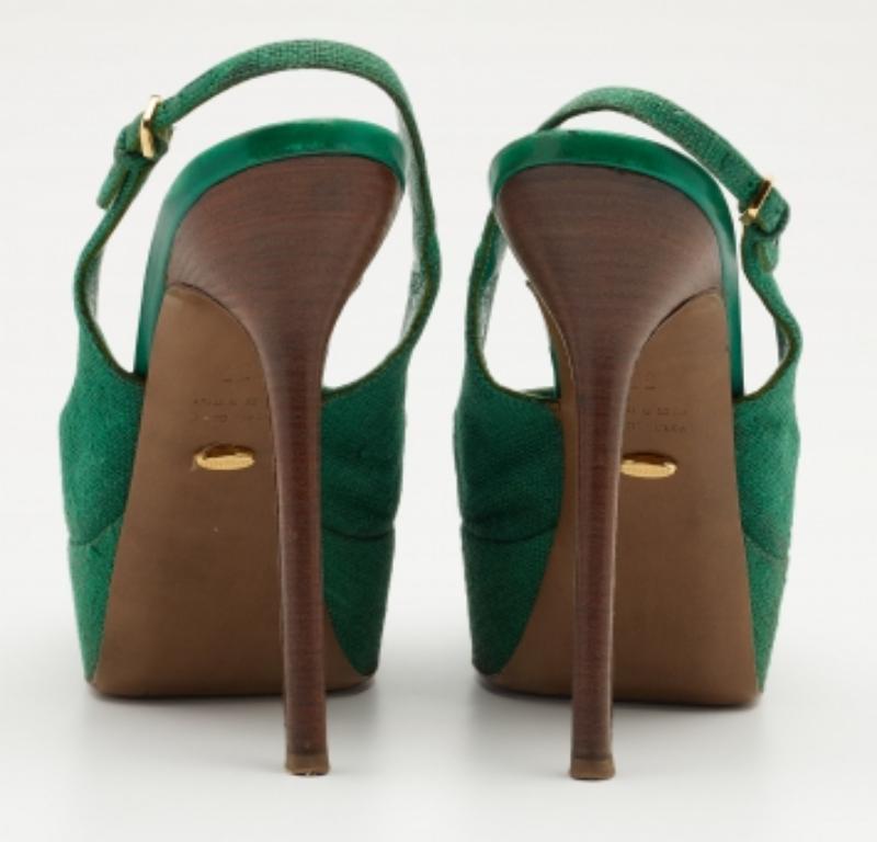 Sergio Rossi Green Canvas Cachet Peep Toe Platform Slingback Sandals Size 37 For Sale 3