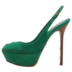 Sergio Rossi Green Canvas Cachet Peep Toe Platform Slingback Sandals Size 37