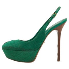 Sergio Rossi Green Canvas Cachet Peep Toe Platform Slingback Sandals Size 37