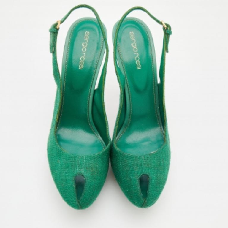 Women's Sergio Rossi Green Canvas Platform Peep Toe Ankle Strap Sandals Size 40 For Sale