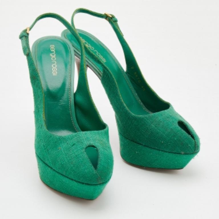 Sergio Rossi Green Canvas Platform Peep Toe Ankle Strap Sandals Size 40 For Sale 1