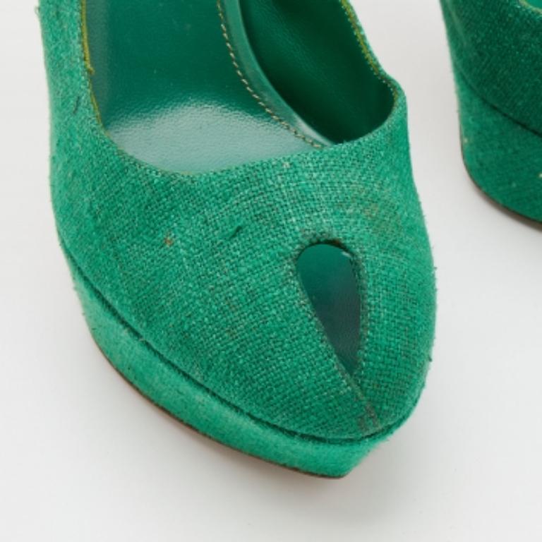 Sergio Rossi Green Canvas Platform Peep Toe Ankle Strap Sandals Size 40 For Sale 2
