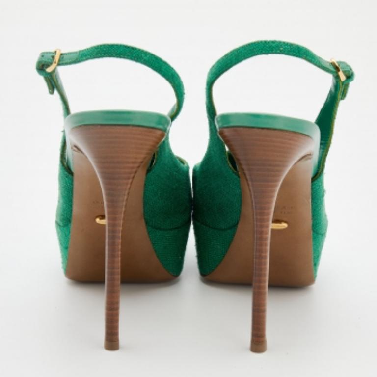 Sergio Rossi Green Canvas Platform Peep Toe Ankle Strap Sandals Size 40 For Sale 3