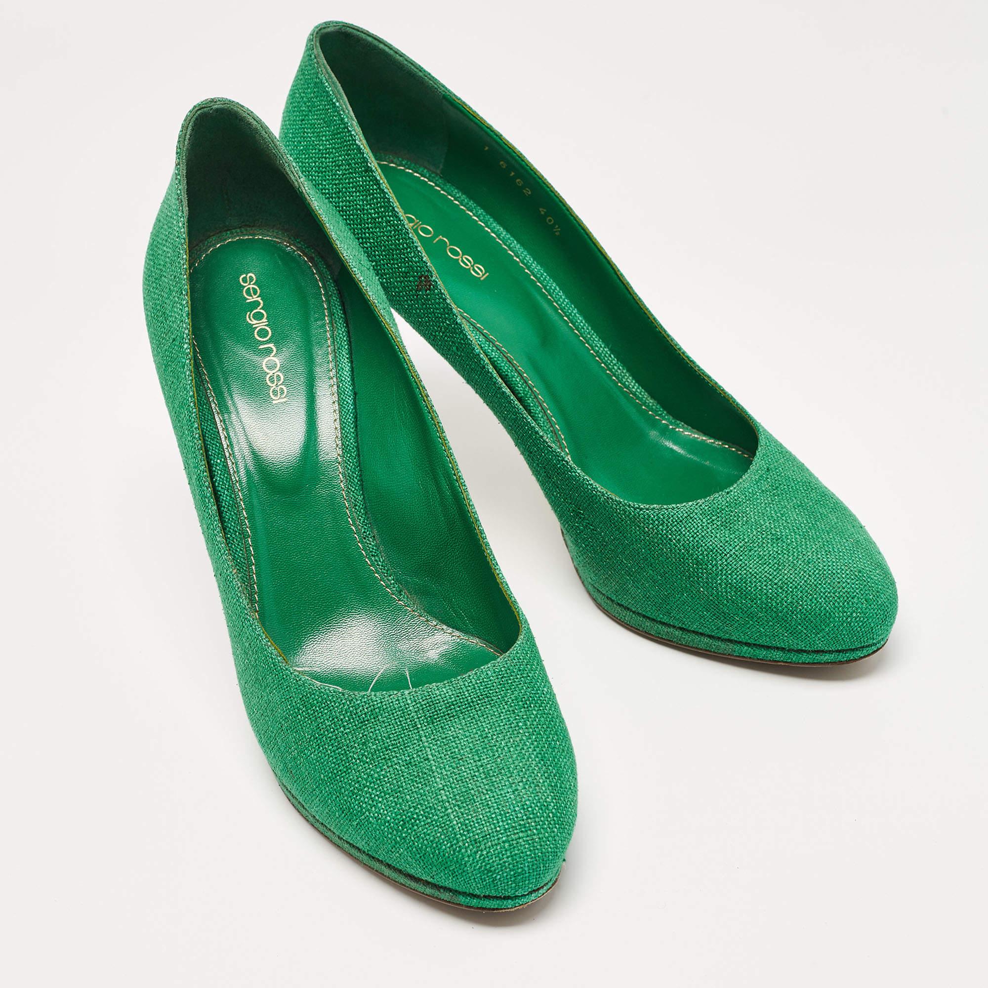Women's Sergio Rossi Green Canvas Platform Pumps Size 40.5 For Sale