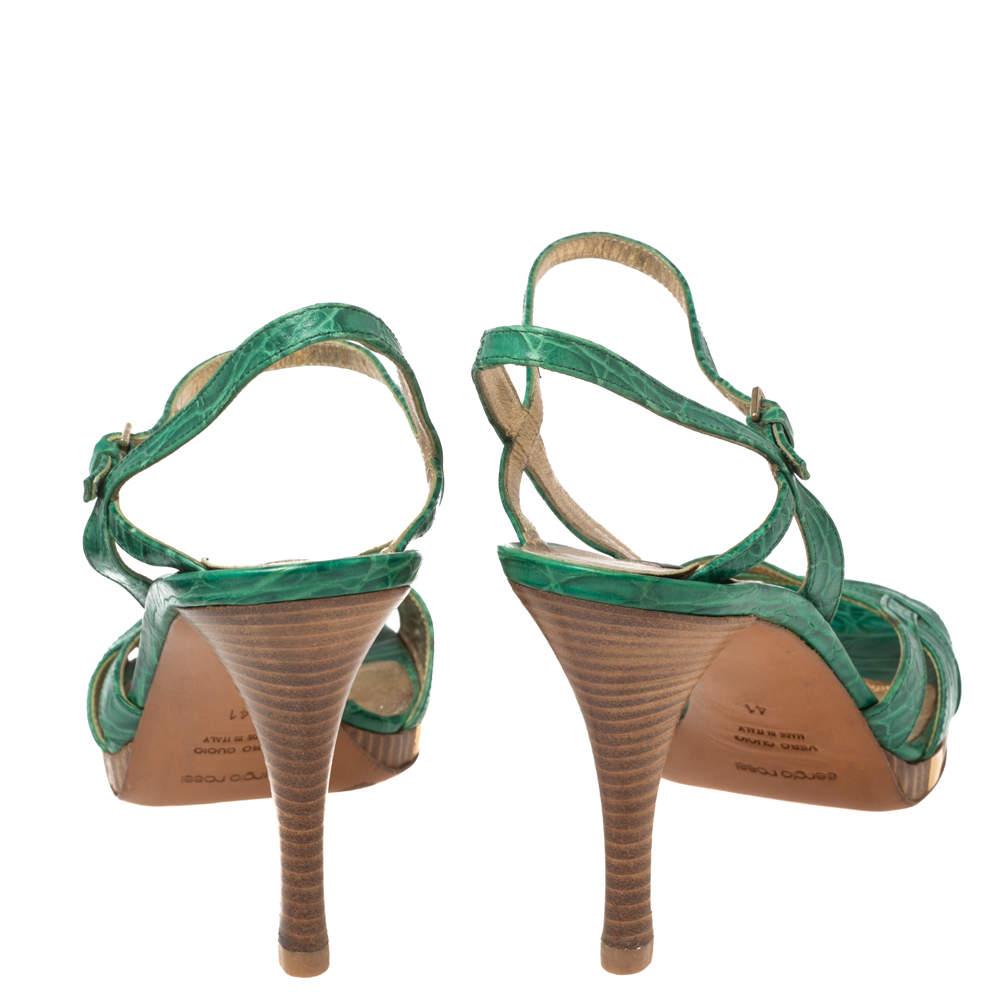 Gray Sergio Rossi Green Croc Embossed Leather Ankle-Strap Sandals Size 41 For Sale