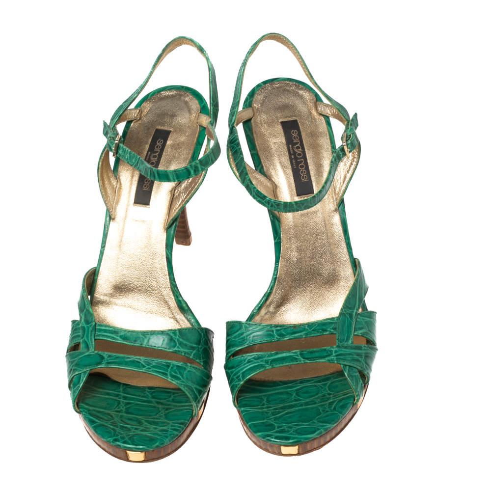 Sergio Rossi Green Croc Embossed Leather Ankle-Strap Sandals Size 41 For Sale 1