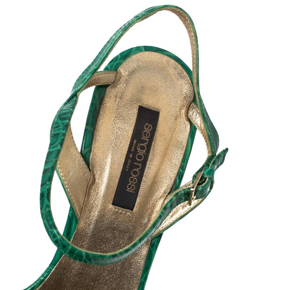 Sergio Rossi Green Croc Embossed Leather Ankle-Strap Sandals Size 41 For Sale 2
