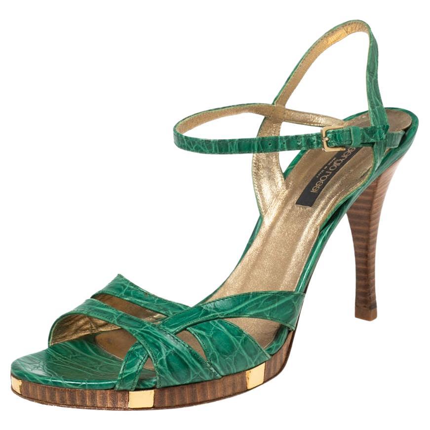 Sergio Rossi Green Croc Embossed Leather Ankle-Strap Sandals Size 41 For Sale