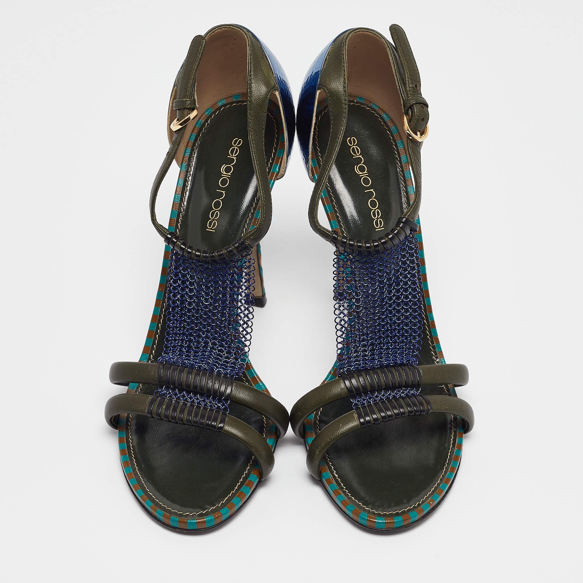 Black Sergio Rossi Green Leather and Mesh Ankle Strap Sandals Size 37.5 For Sale