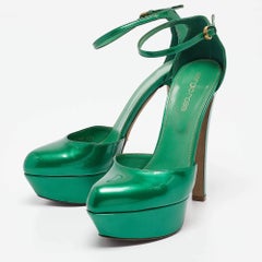 Sergio Rossi Green Patent Leather Ankle Strap Platform Pumps Size 36.5