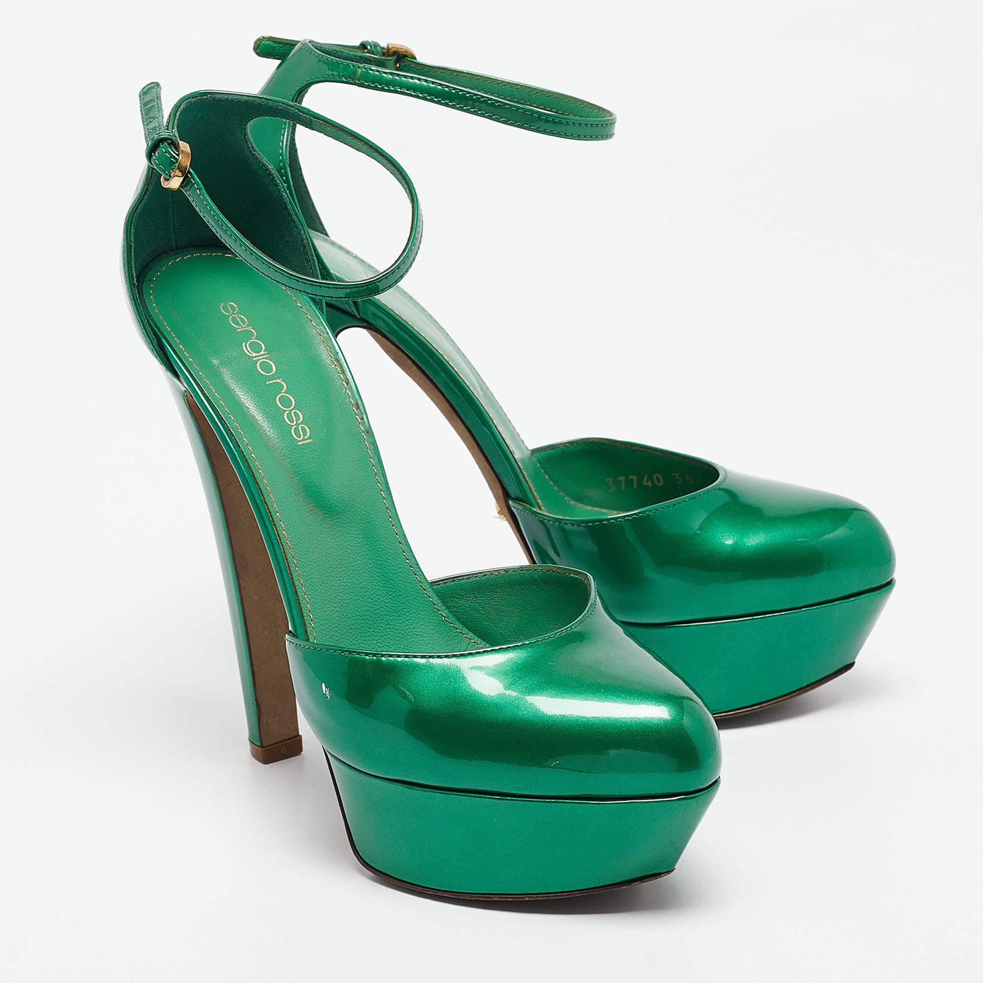Women's Sergio Rossi Green Patent Leather Ankle Strap Platform Pumps Size 36.5 For Sale