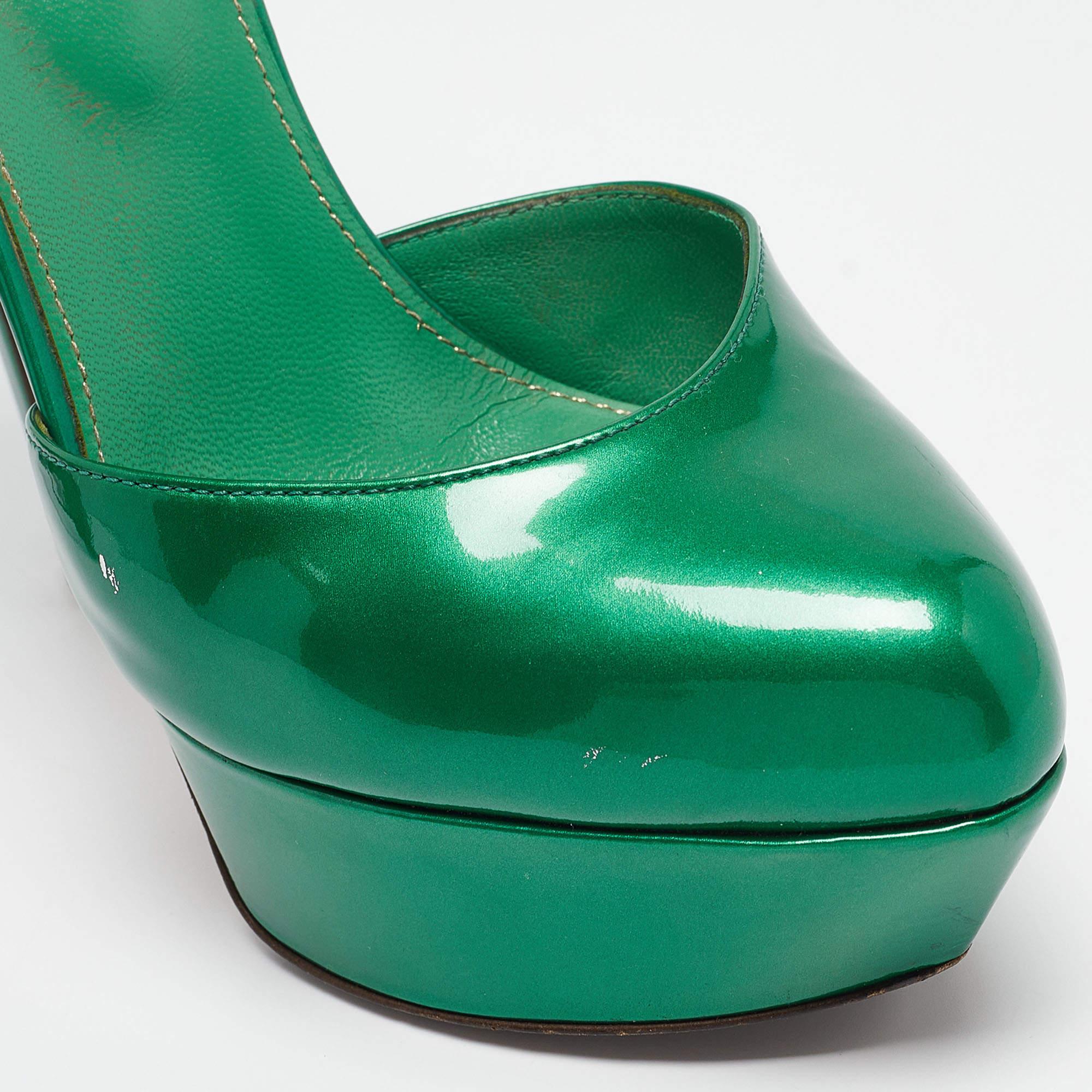 Sergio Rossi Green Patent Leather Ankle Strap Platform Pumps Size 36.5 For Sale 3