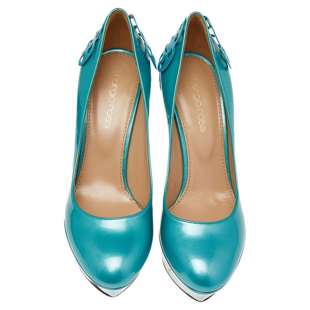 Sergio Rossi Green Patent Leather Butterfly Plaque Platform Pumps Size 36 In Good Condition In Dubai, Al Qouz 2