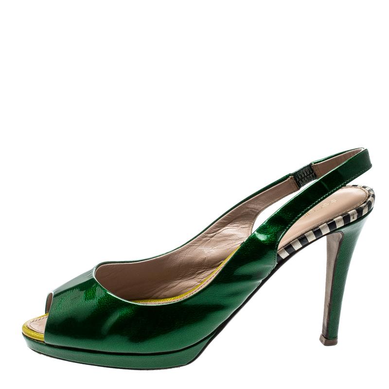 Women's Sergio Rossi Green Patent Leather Peep Toe Slingback Sandals Size 37