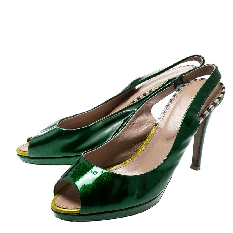 Sergio Rossi Green Patent Leather Peep Toe Slingback Sandals Size 37 2