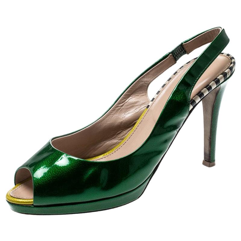 Sergio Rossi Green Patent Leather Peep Toe Slingback Sandals Size 37