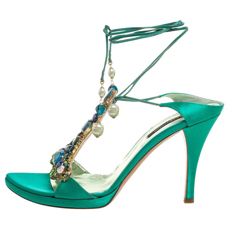 Sergio Rossi Green Satin Crystal Embellished Open Toe Tie Up Sandals ...