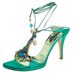 Sergio Rossi Green Satin Crystal Embellished Open Toe Tie Up Sandals Size 41