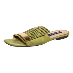 Sergio Rossi Green Suede Studded Flat Slides Size 36.5