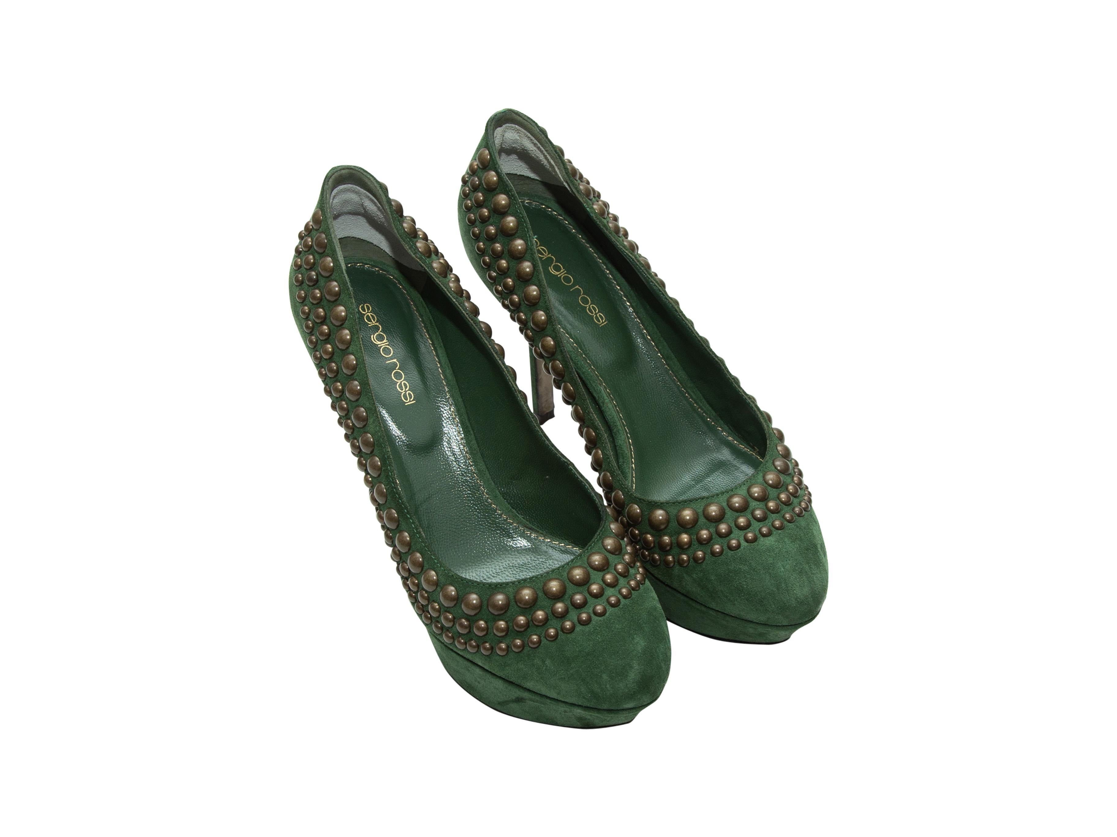 Product details: Green suede platform round-toe pumps by Sergio Rossi. Stud detailing throughout. Designer size 37.5. 4