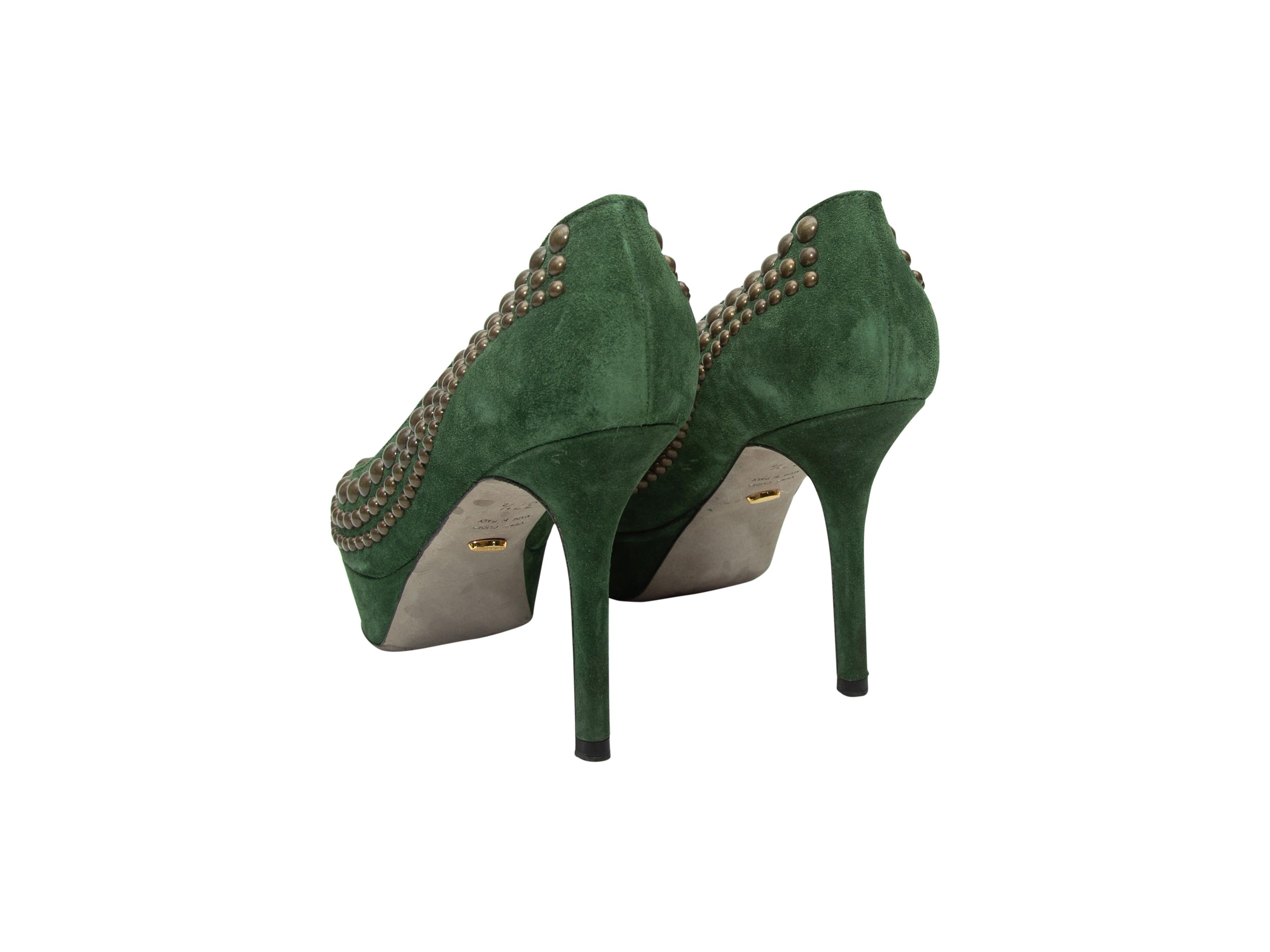 Sergio Rossi Green Suede Studded Platform Pumps In Good Condition In New York, NY