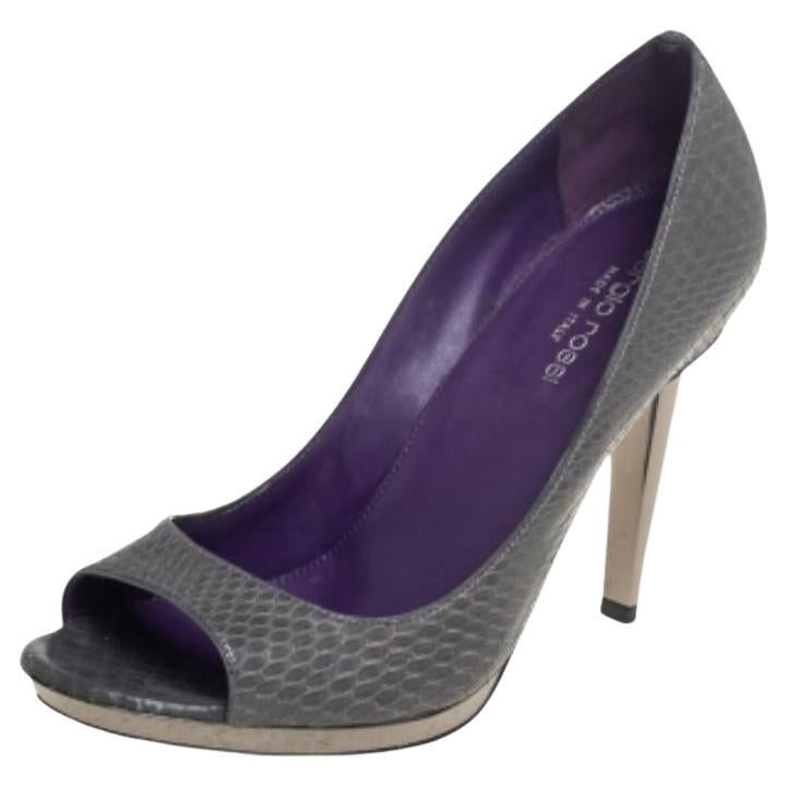 Sergio Rossi Grey Python Leather Peep Toe Pumps Size 37.5 For Sale