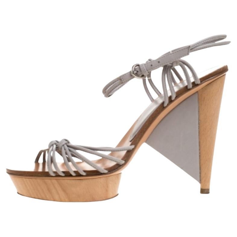 Sergio Rossi Gris Tiras  Sandalias de piel con plataforma de madera y correa en el tobillo talla 39.5