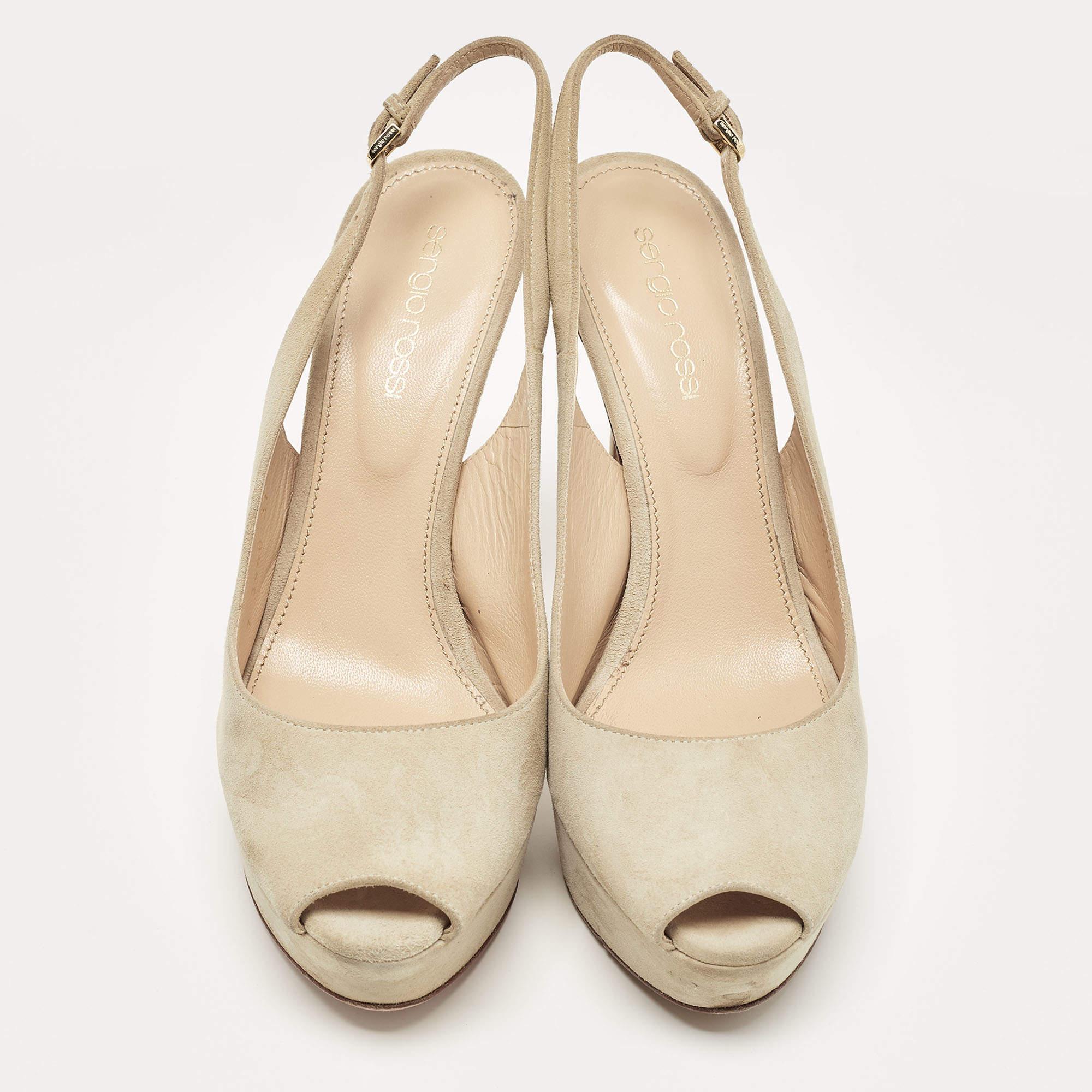 Beige Escarpins Sergio Rossi à bout ouvert en daim gris, taille 37 en vente