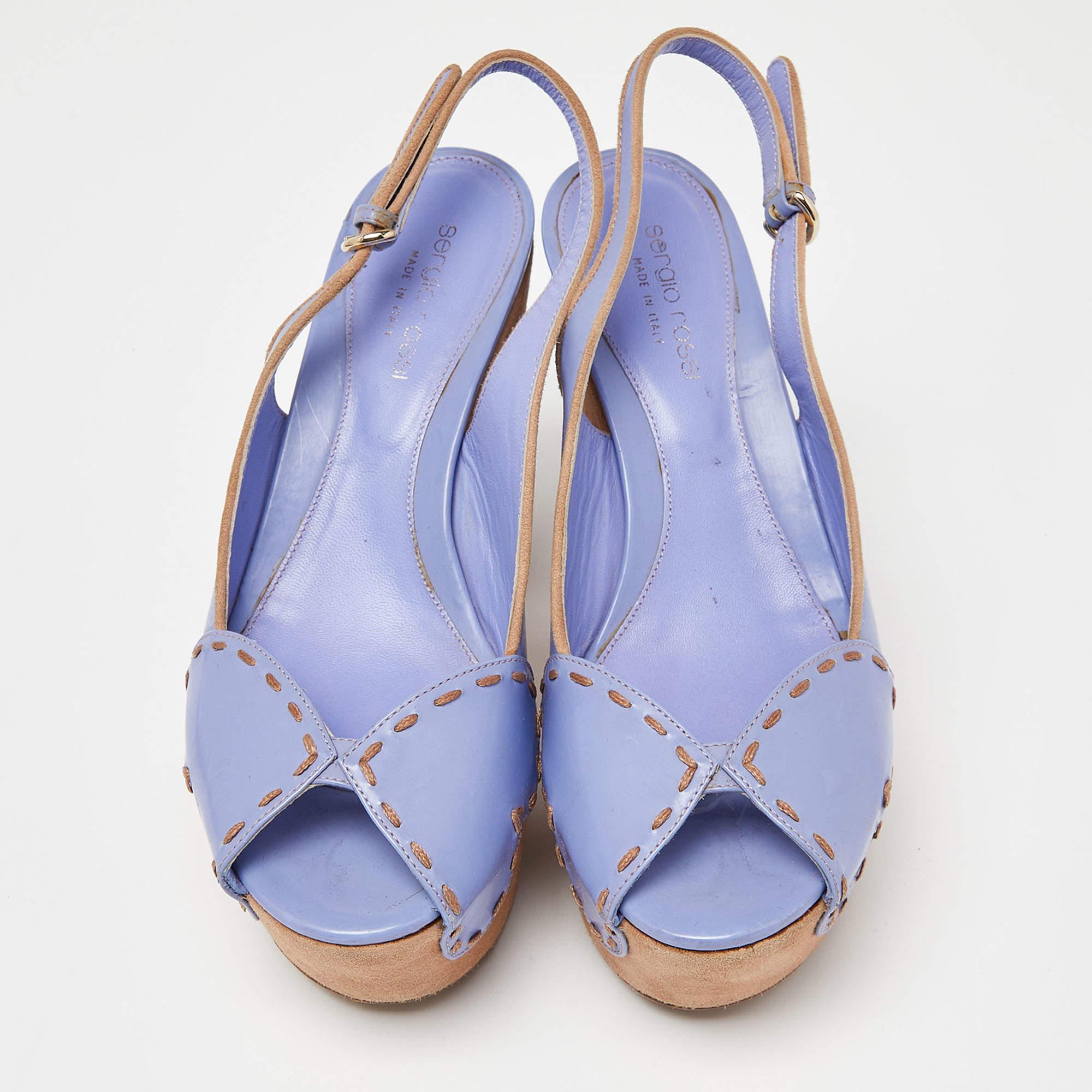 Brown Sergio Rossi Lavender Leather and Alcantara Platform Slingback Sandals Size 37.5 For Sale
