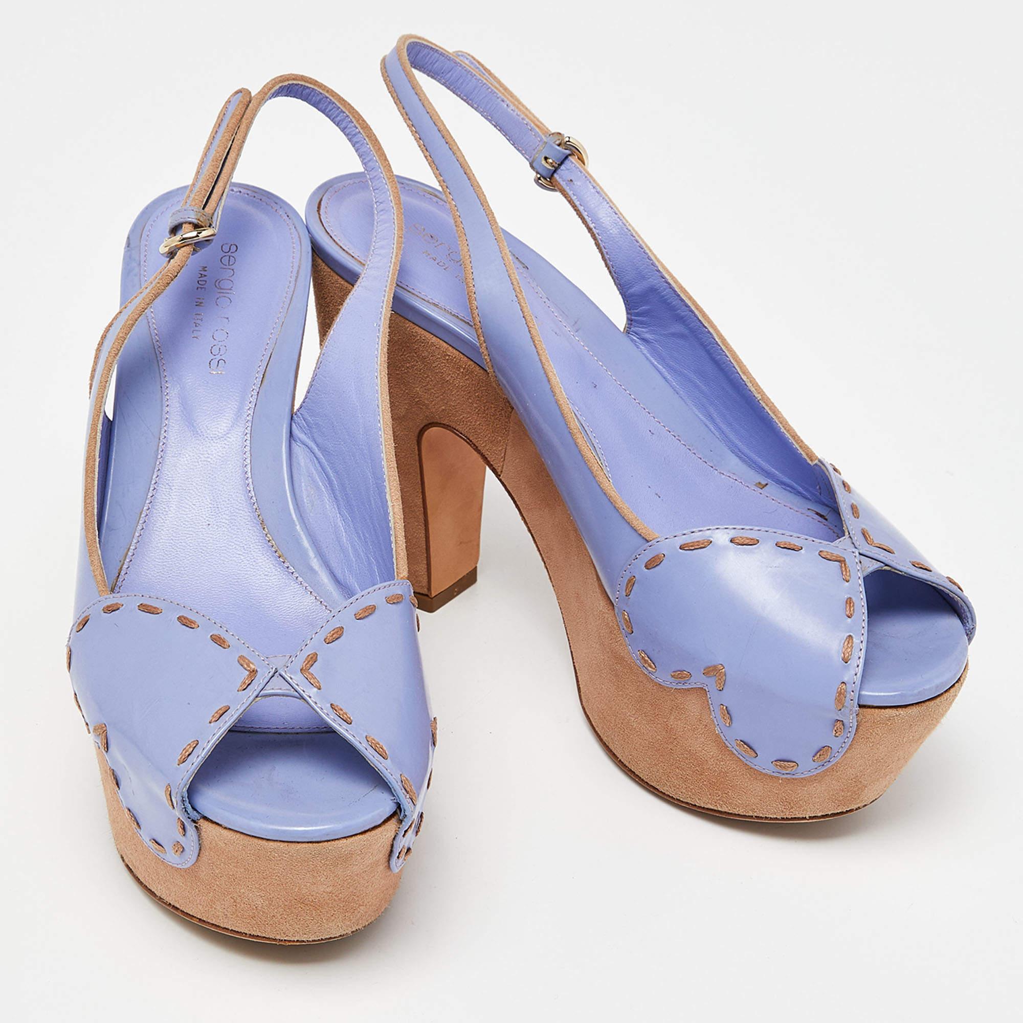 Sergio Rossi Lavender Leather and Alcantara Platform Slingback Sandals Size 37.5 In Good Condition For Sale In Dubai, Al Qouz 2