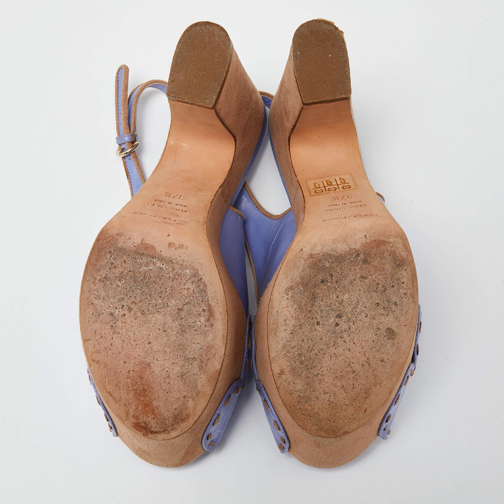 Sergio Rossi Lavender Leather and Alcantara Platform Slingback Sandals Size 37.5 For Sale 1