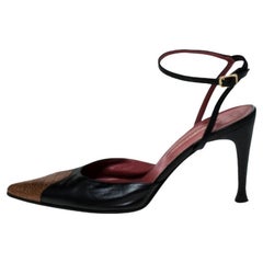 Sergio Rossi Leather Ostrich Trim Pointed Toe Ankle Strap Sandals Size 38.5